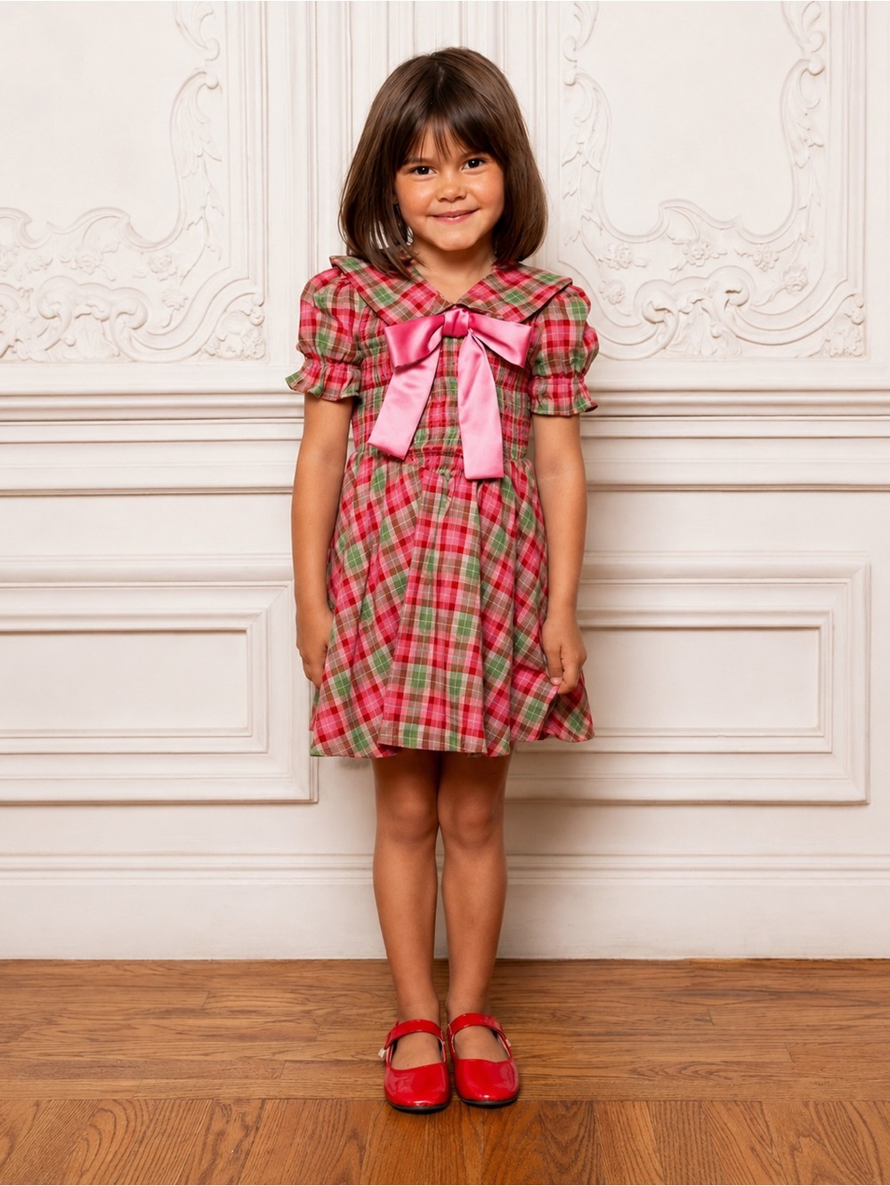 Girls Toddler Ivy City Alice Dress 0924 Rosewood Tartan 3T pink bow collar